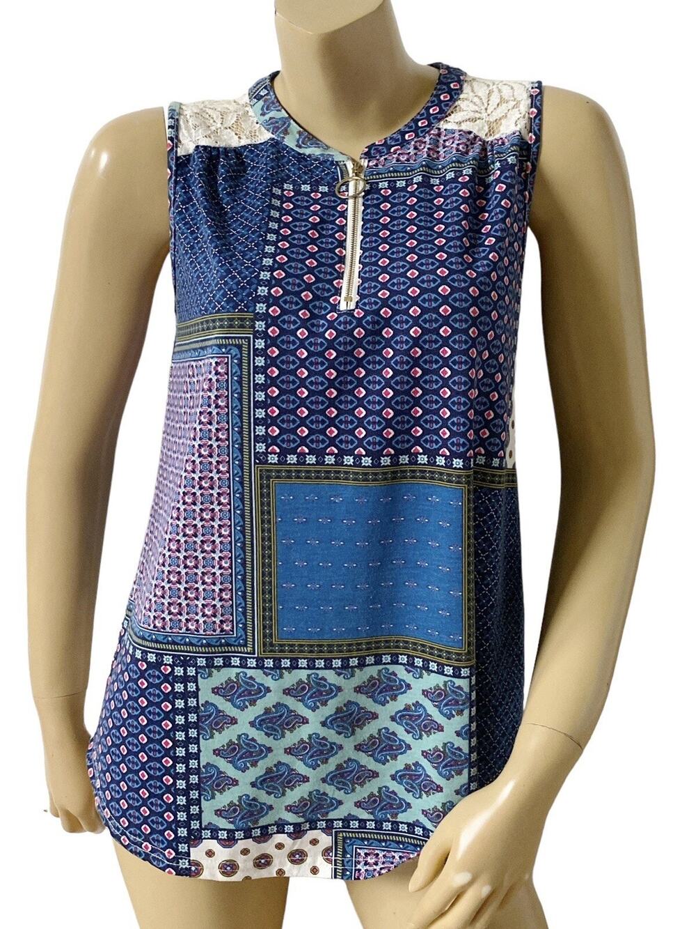 Ember Tunic Top Womens Large Blue Patchwork Print Lace Trim Half Zip Sleeveless